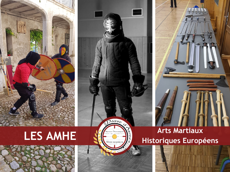 3 images qui montrent des armes, des tenues et des combats en Arts martiaux historiques européens