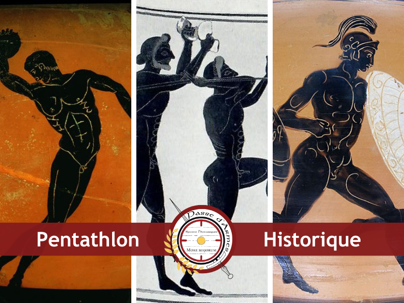 3 images qui illustrent le pentathlon historique et antique