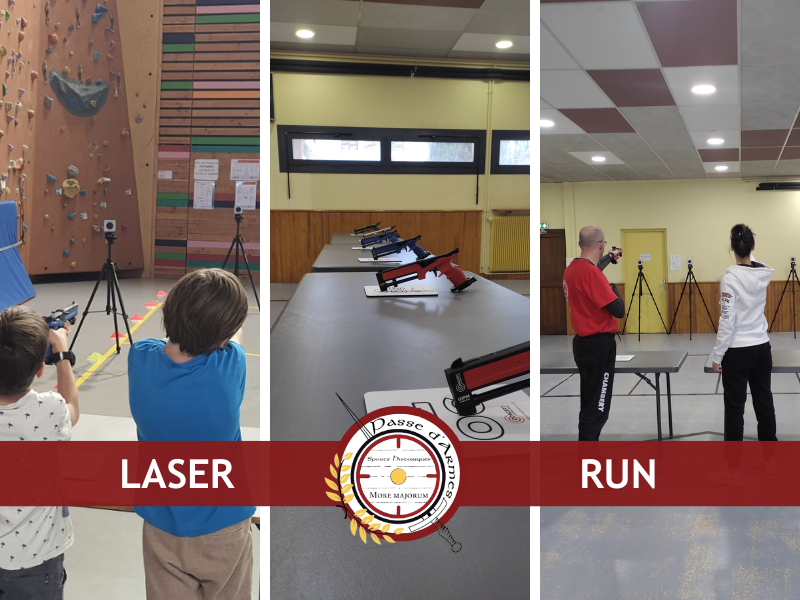 Image avec 3 photos qui présentent la pratique du sport Laser Run à tout âge au sein de l'association Passe d'Armes