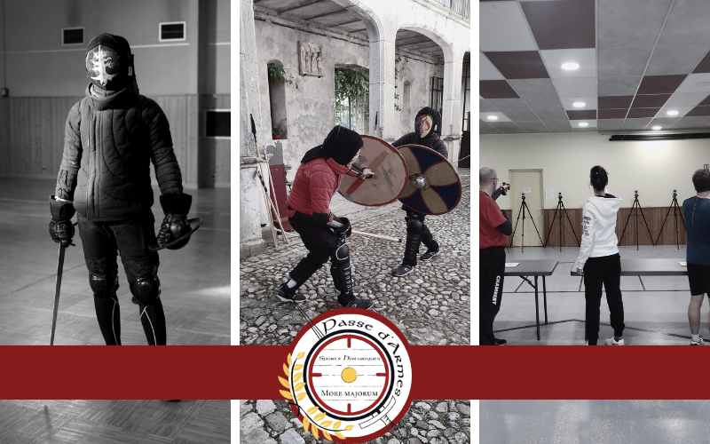 Image composée de trois photos représentant les activités de l'association Passe d'Armes : les AMHE, le pentathlon historique et le Laser Run